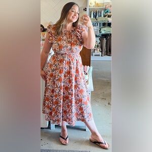 INA Floral Ruffle Sleeves Orange Dress